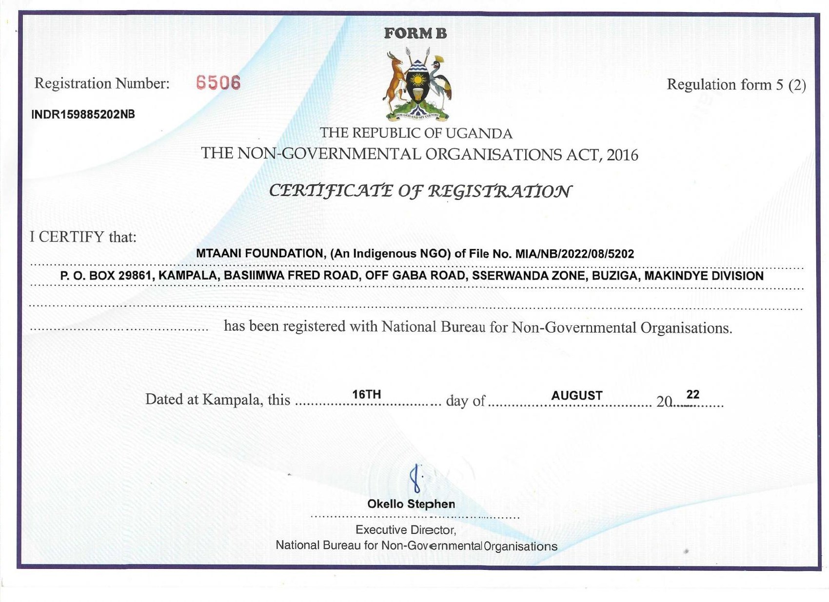 Mtaani Foundation certificate of registration with the National Bureau for NGOs