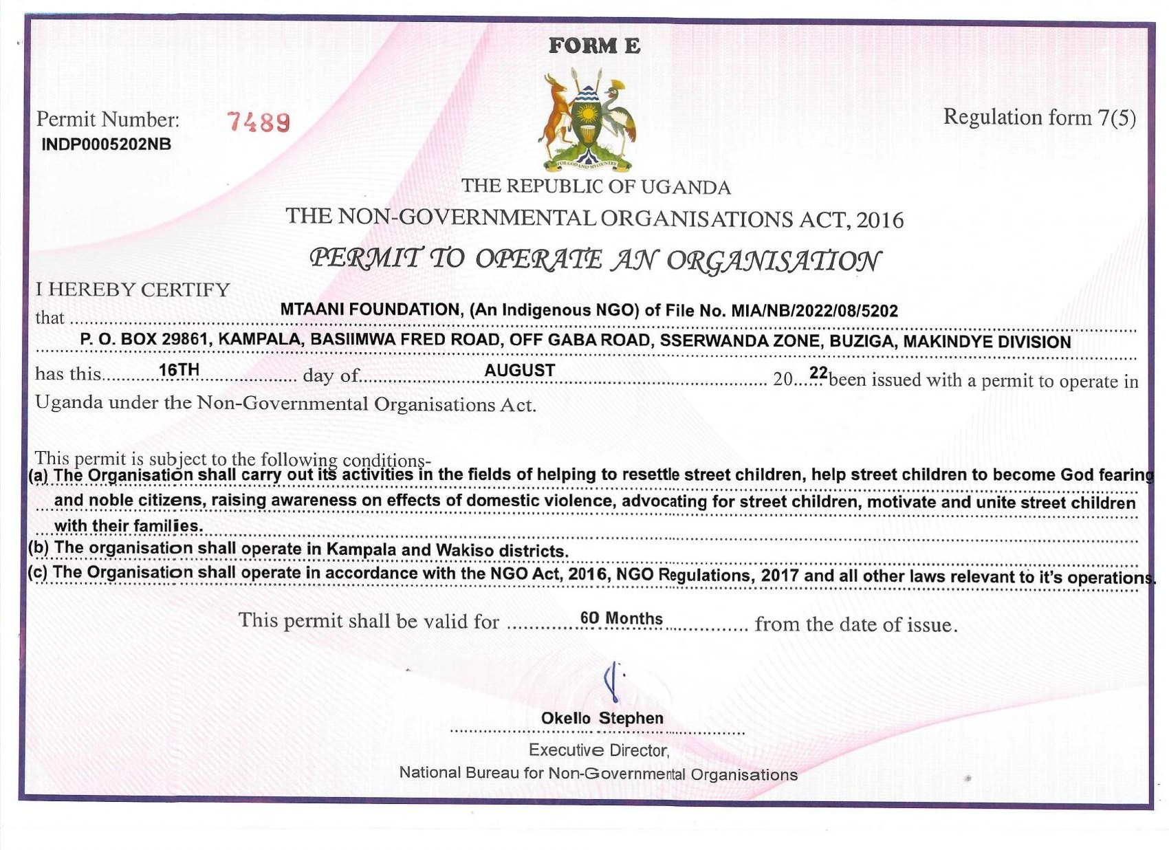 Mtaani Foundation permit to operate as an NGO